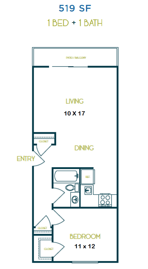 Floor plan for 1 bed, 1 bath, 519 sqft